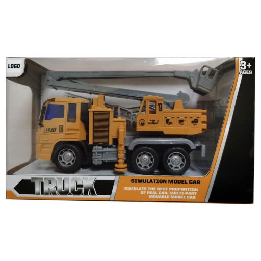 Teherautó munkagépes játék, emelőkosaras, 24x14 cm méretben.