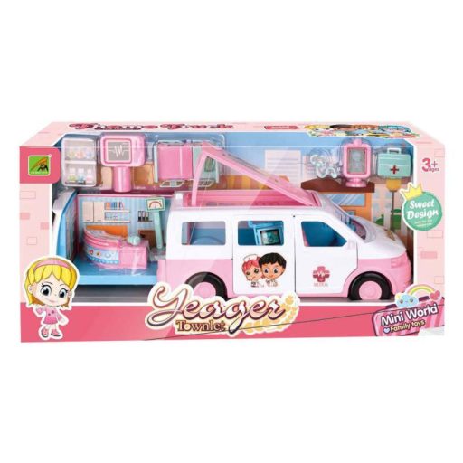 Szétnyitható mentőautó busz, orvosi kiegészítőkkel.