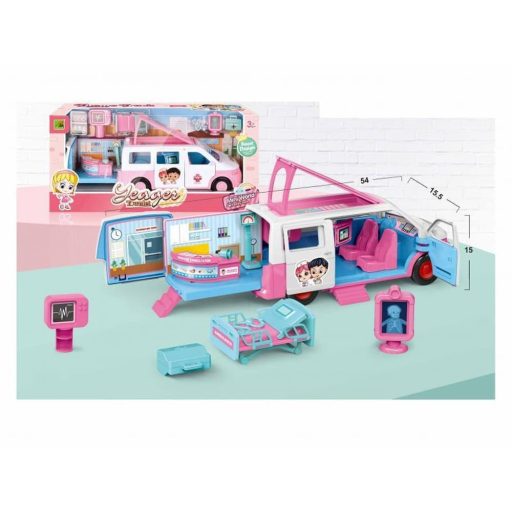 Szétnyitható mentőautó busz, orvosi kiegészítőkkel.