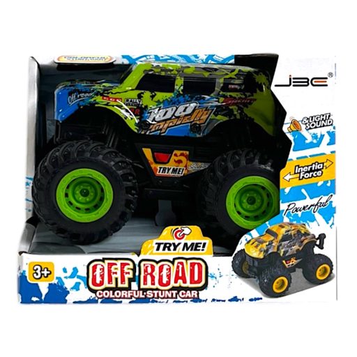 Autó, el., igazi hang+fény, terepjáró, karosszéria vil., fóliatestű, gumikerék, lend., 2 szín, 15x12 cm dob. Gombel.