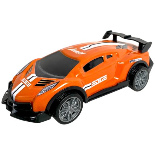 Fém lemez autó, sportos, hátrah., össze-vissza megy, 4 szín, 20x10 cm dob.