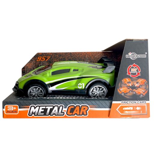 Fém lemez autó, sportos, hátrah., össze-vissza megy, 4 szín, 20x10 cm dob.