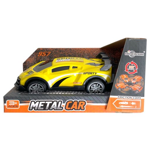 Fém lemez autó, sportos, hátrah., össze-vissza megy, 4 szín, 20x10 cm dob.