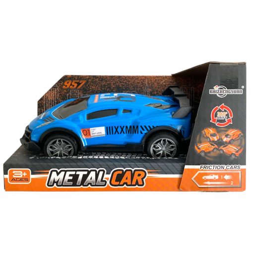 Fém lemez autó, sportos, hátrah., össze-vissza megy, 4 szín, 20x10 cm dob.