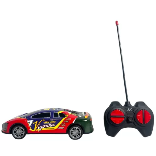 R/C fém lemez autó, el., hang+fény, fullfunkc., 4 szín, 25x10 cm dob.