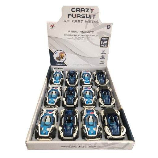 Rendőrautó, hátrahúzós, (részben fém) 2 szín, 12 cm., 12/disp.