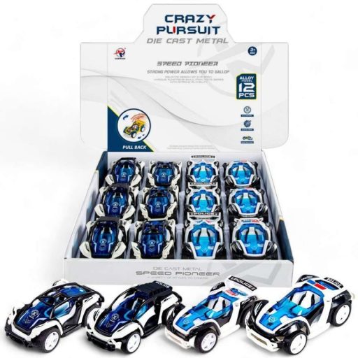 Rendőrautó, hátrahúzós, (részben fém) 2 szín, 12 cm., 12/disp.