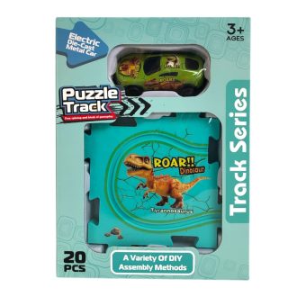   Puzzlepálya építő klt., + 1 db fém lemez autó, el., Dínós, 18x23 cm dob.