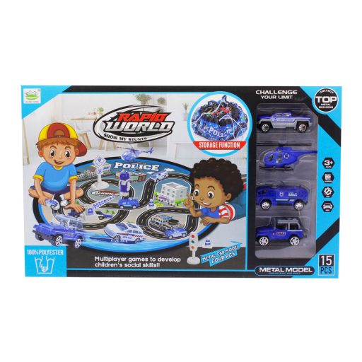 Játszószőnyeg klt., 4 db rendőrautó,  játéktároló, 2 féle, 41x25 cm dob.