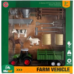  Fém traktor klt., hátul utánfutó, + farm kieg., 25x26 cm dob.