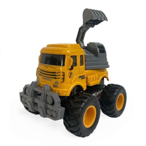 Teherautó, munkagépes, markoló, ütközéskor felugrik, lend.,gumikerék, 13x13 cm dob.