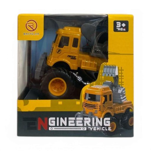 Teherautó, munkagépes, markoló, ütközéskor felugrik, lend.,gumikerék, 13x13 cm dob.