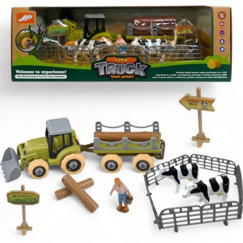 Szerelős farm készlet traktorral és rönkszállítóval gyerekeknek.