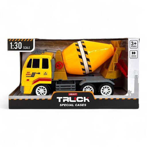 Teherautó betonkeverővel, 29x16 cm, lendkerekes játékautó.