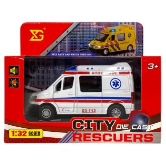   Fém mentőautó, el., hang+fény, hátrahúzós lend., 17x14 cm dob. Gombel.