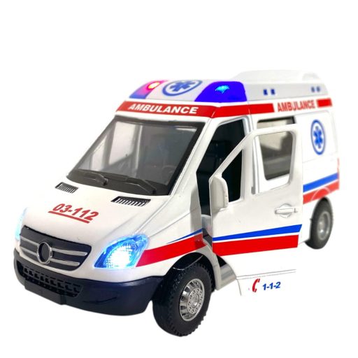 Fém mentőautó, el., hang+fény, hátrahúzós lend., 17x14 cm dob. Gombel.