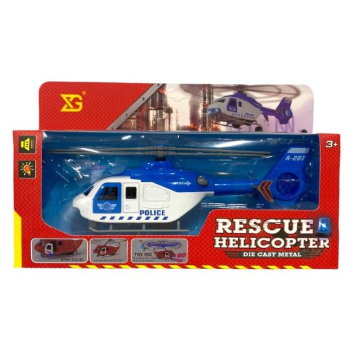 Fém helikopter, el., igazi hang+fény, ajtónyit, forgó rotor, lend., 3 szín, 25x15 cm dob. Gombel.