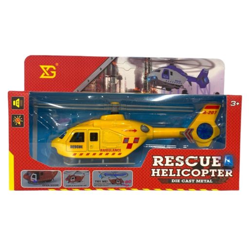 Fém helikopter, el., igazi hang+fény, ajtónyit, forgó rotor, lend., 3 szín, 25x15 cm dob. Gombel.