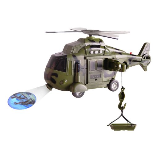 Katonai helikopter: hang, fény, projektor, 24x15 cm-es méret.