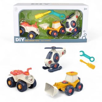   Szerelős jármű klt., 3 db, munkagép, helikopter, quad, 36x19 cm dob.