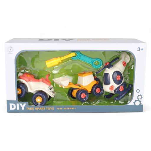 Szerelős jármű klt., 3 db, munkagép, helikopter, quad, 36x19 cm dob.