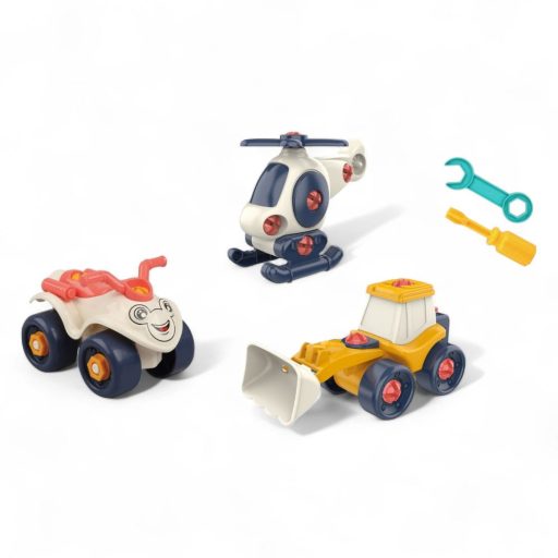 Szerelős jármű klt., 3 db, munkagép, helikopter, quad, 36x19 cm dob.
