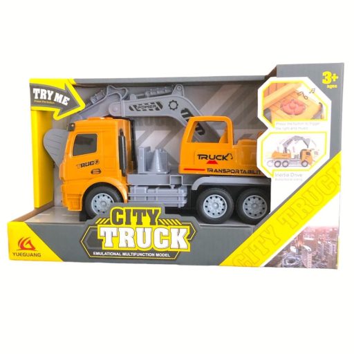 Teherautó munkagépes játék hanggal és fénnyel, rázkódó funkcióval.