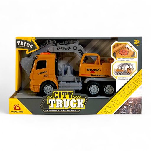 Teherautó munkagépes játék hanggal és fénnyel, rázkódó funkcióval.