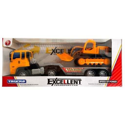 Autószállító, munkagépet szállít, lánctalpas, 2 szín, 31x13 cm dob.