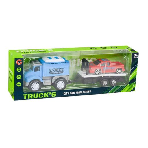 Autószállító, + 1 autó, utánfutón, lend., 4 féle, 28x9 cm dob.