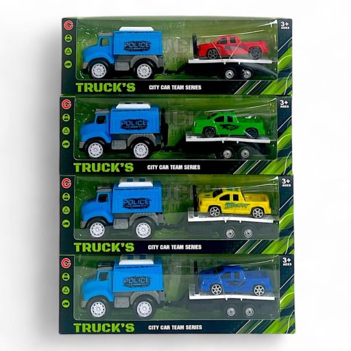 Autószállító, + 1 autó, utánfutón, lend., 4 féle, 28x9 cm dob.