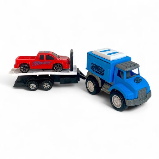 Autószállító, + 1 autó, utánfutón, lend., 4 féle, 28x9 cm dob.