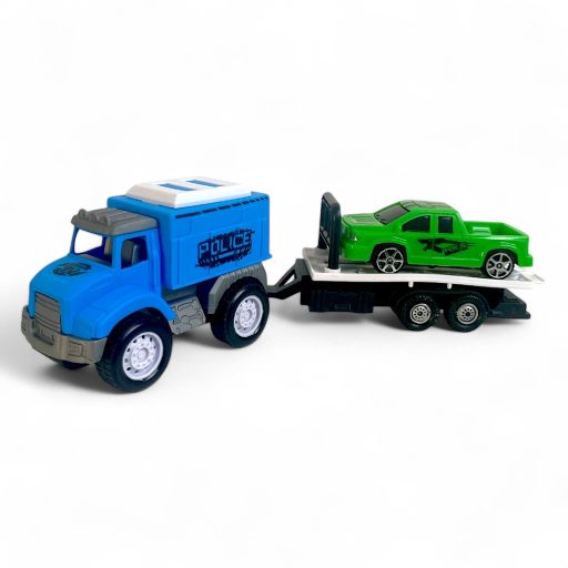 Autószállító, + 1 autó, utánfutón, lend., 4 féle, 28x9 cm dob.