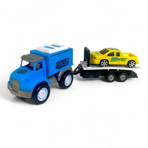 Autószállító, + 1 autó, utánfutón, lend., 4 féle, 28x9 cm dob.