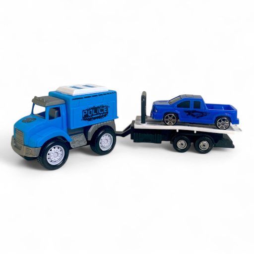 Autószállító, + 1 autó, utánfutón, lend., 4 féle, 28x9 cm dob.