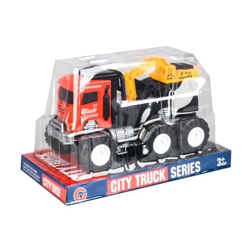 Teherautó munkagép szállító, lendkerekes, 26x16 cm, 2 színben.