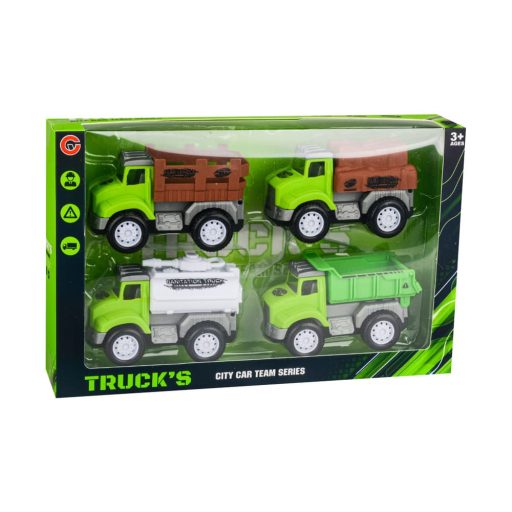 Teherautó készlet: 4 db munkagép, lendkerekes, 28x18 cm.