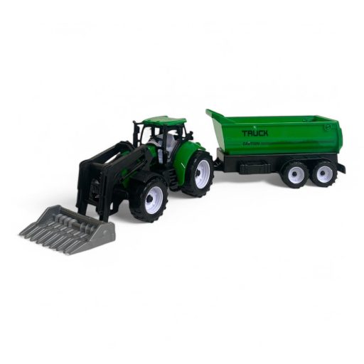 Traktor elöl szerk, hátul pótkocsi, lendkerekes, 49x13 cm