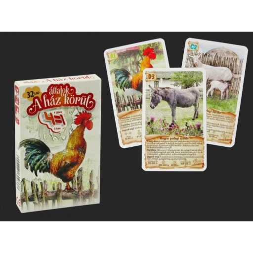 Kártyajáték állatokkal, 4 az 1-ben, ház körüli állatokkal.