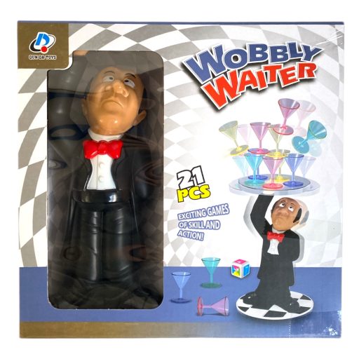 Egyensúlyozó, pincér, tálcán poharak, társasjáték, 22x22 cm dob.