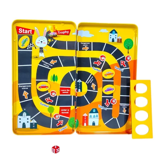 Autóverseny, társasjáték, mágneses, 10x19 cm fém dobozban