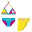 Unikornis fürdőruha szett - bikini háromszög felsőrésszel+szoknya kislányoknak - türkizkék-pink-sárga - 116